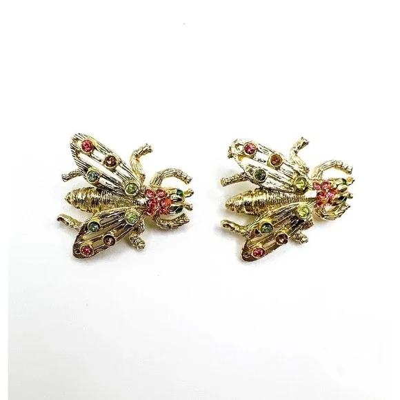Retro Bug Brooch Duo Vintage Fly Insect Pair Gold Tone Green Pink Rhinestones - Picture 2 of 6
